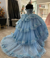 Light Blue Off-Shoulder Ball Gown with 3D Floral Appliques Tiered Tulle Quinceanera Dress for Sweet 16 & Formal Evenings